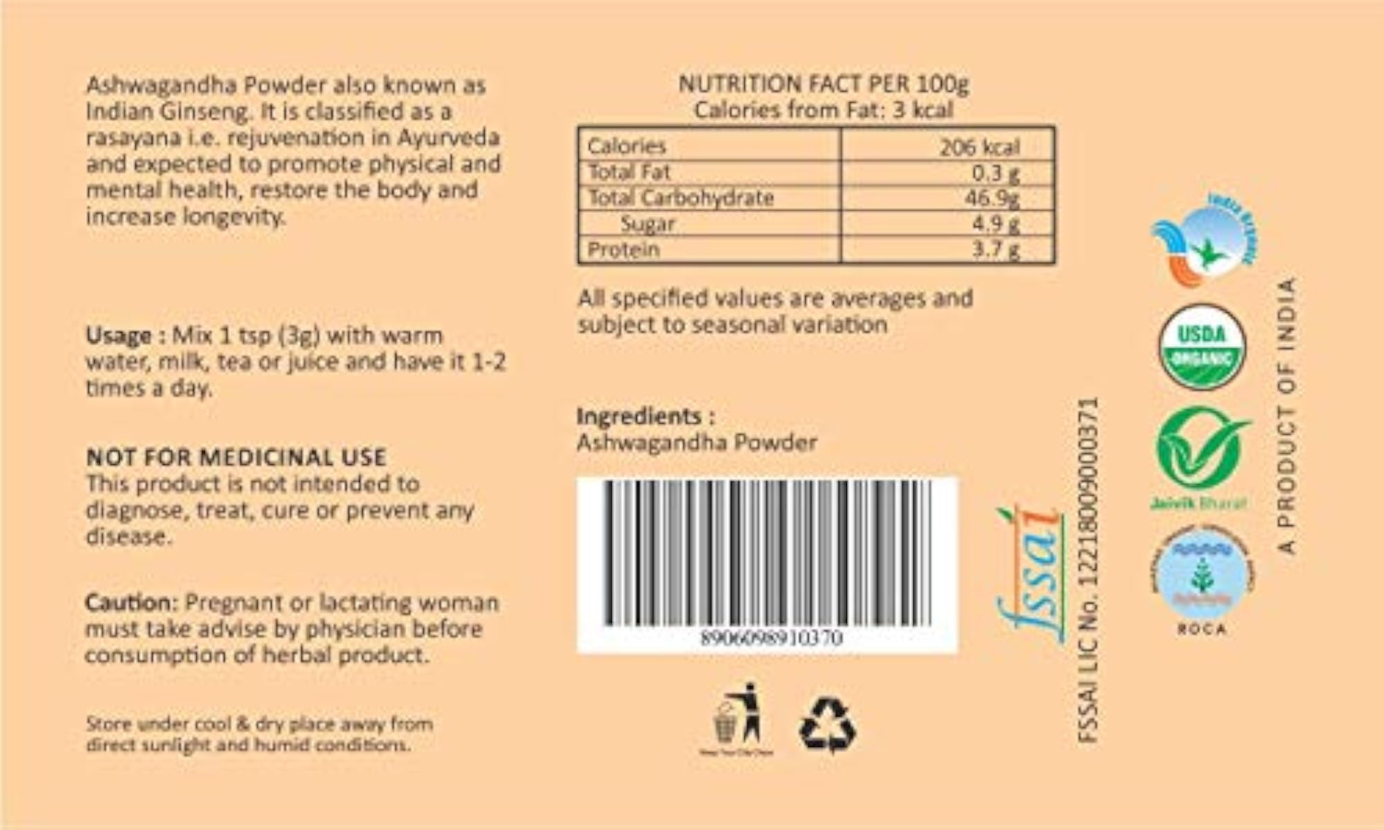 Orgrain Organic Ashwagandha Root Powder, Wellness Support, 100g